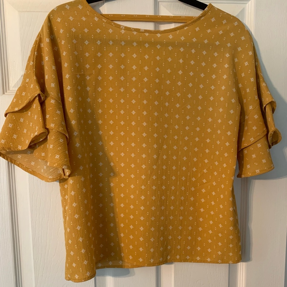 Mustard Blouse with Ruffle Sleeves & V-Open Back
